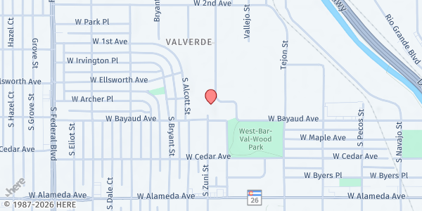 Map showing Denver Inner City Parish - Mobile Food Market - Florence Crittenton Colorado at 96 S Zuni St, Denver, CO