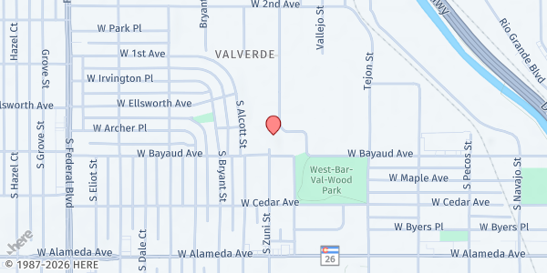 Map showing DICP- Florence Crittenton Colorado Mobile Food Pantry at 96 S Zuni St, Denver, CO