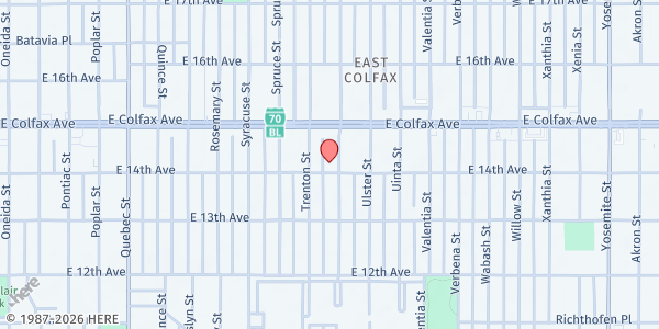 Map showing East Colfax Food Bank- Counterpath at 7935 E. 14th Ave., Denver, CO