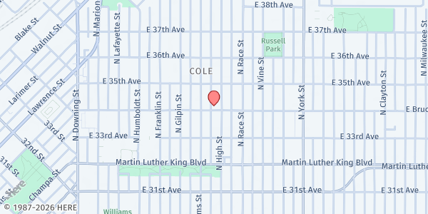 Map showing Epworth United Church at 1865 Bruce Randolph Ave., Denver, CO