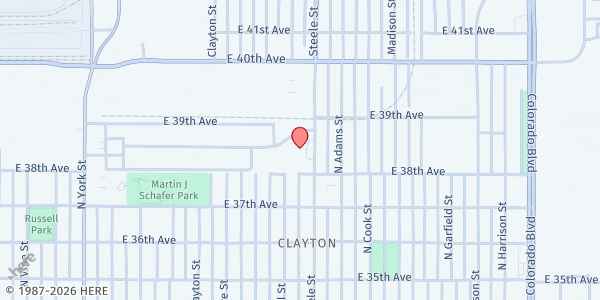 Map showing Fbr Mobile Pantry – Denver Human Services East Office at 3815 Steele St, Denver, CO