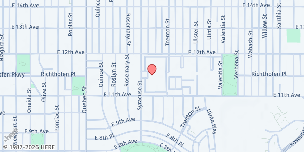 Map showing Food Bank of the Rockies-Garden Court at 1150 Syracuse St., Denver, CO