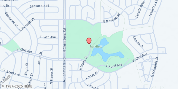 Map showing Food Bank of the Rockies Mobile Pantry - Montbello Rec Center at 15555 E 53rd Ave, Denver, CO