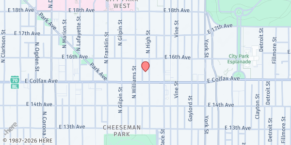 Map showing Gathering Place Betsys Cupboard at 1535 High St., Denver, CO
