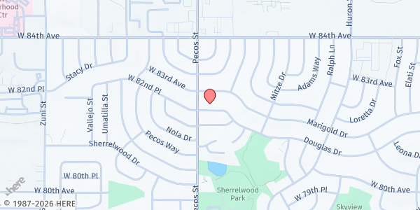 Map showing Great Commision New Song Food Bank at 8242 N. Pecos St., Denver, CO