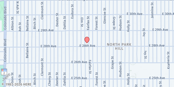 Map showing Greater Park Hill Community Center at 2823 Fairfax St., Denver, CO
