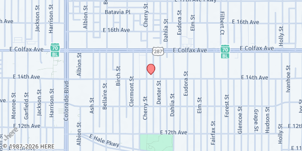 Map showing Hare Krishna Temple at 1400 Cherry St, Denver, CO