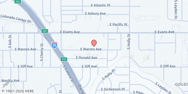 Map showing Harvest Store House Food Pantry at 5201 E. Warren Ave., Denver, CO