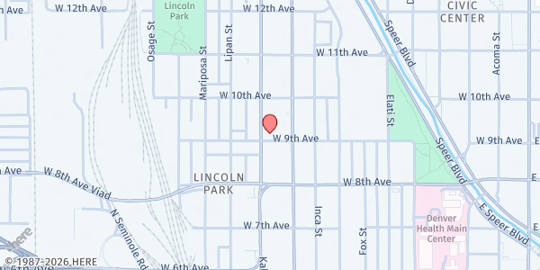 Map showing His Love Fellowship at 910 Kalamath St., Denver, CO