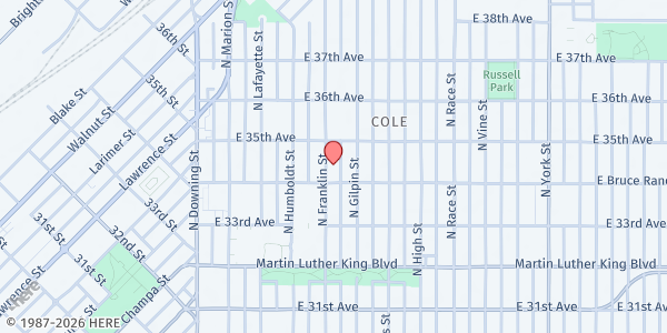 Map showing House Beside The Road Food Bank & Resource Center at 3420 Franklin St., Denver, CO