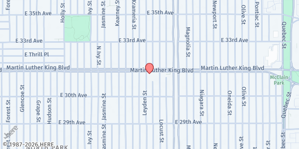 Map showing House of Joy Miracle Church at 3082 Leyden St., Denver, CO