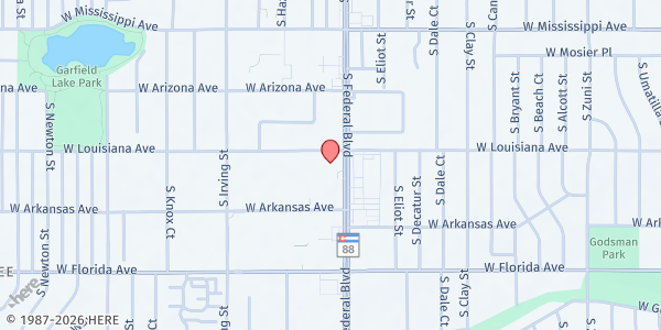 Map showing Jewish Family Services- Federico F. Pena Southwest Family Health Center at 1339 S Federal Blvd, Denver, CO