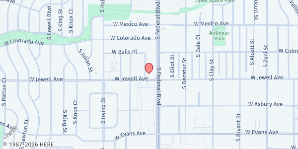 Map showing Jewish Family Services- Hadley Branch Library at 1890 S Grove St, Denver, CO