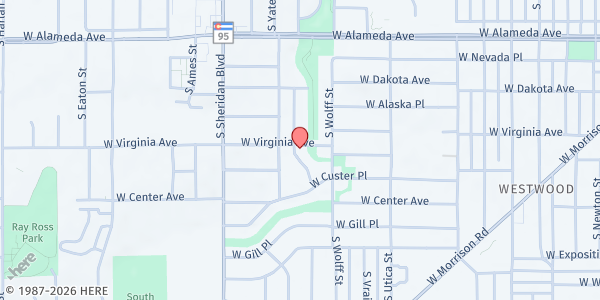 Map showing Jewish Family Services- Westwood Neighborhood at 500 S Xavier St, Denver, CO