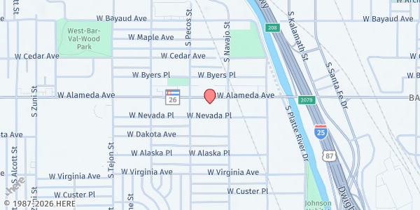 Map showing Jewish Family Services- Women's Bean Project at 1300 W Alameda Ave, Denver, CO