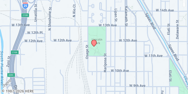 Map showing La Alma Recreation Center at 1325 West 11th Ave, Denver, CO