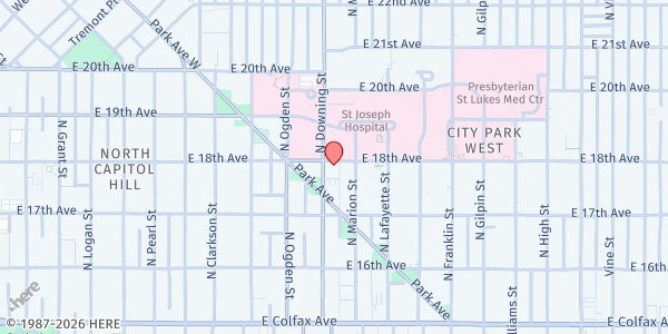 Map showing Metro Caring Food Pantry at 1100 E 18th Ave, Denver, CO