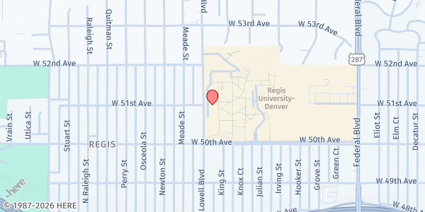 Map showing Mobile Pantry - Regis University at 3333 Regis Blvd., Denver, CO