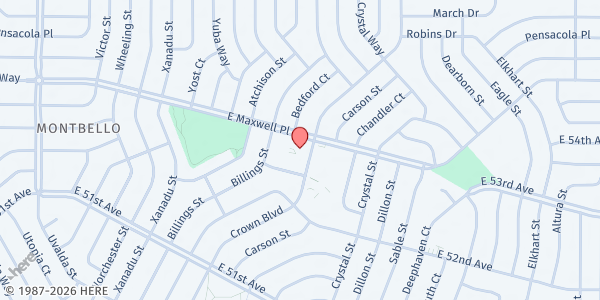 Map showing Montbello Catholic Church - Ascension Food Bank at 14050 Maxwell Pl., Denver, CO