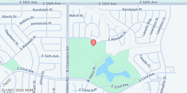 Map showing Montbello Recreational Center at 15555 E 53rd Ave, Denver, CO