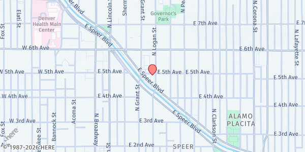 Map showing Mother of God Catholic Church at 475 Logan St., Denver, CO