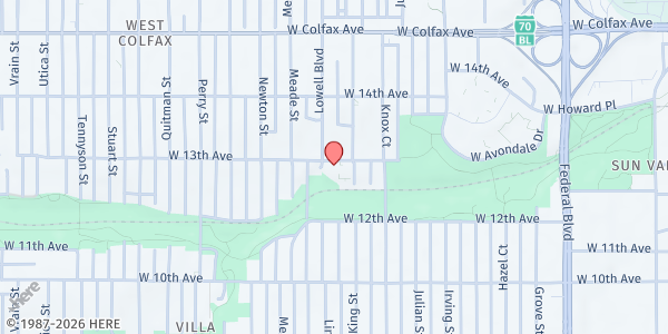 Map showing Mulroy Senior Center, Catholic Charities- Volunteers of America at 3550 W. 13th Ave., Denver, CO