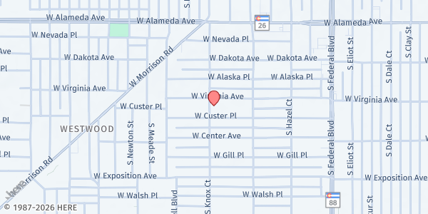 Map showing Munroe Elementary School at 3440 W Virginia Ave, Denver, CO