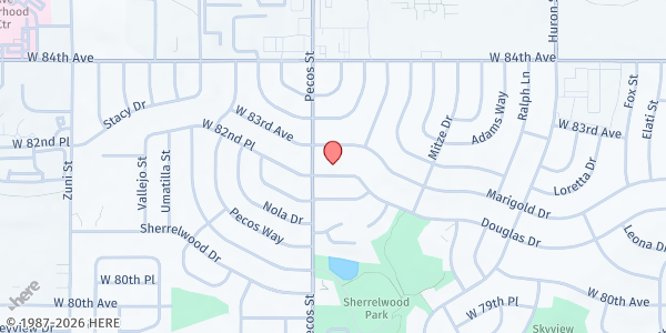 Map showing New Song Church & Ministry at 8242 N. Pecos St., Denver, CO