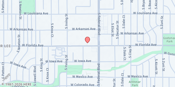 Map showing P.C.C Foodbank at 3105 W Florida Ave, Denver, CO