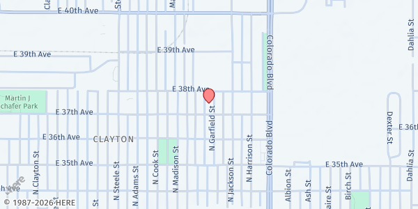 Map showing Paradise Missionary Baptist Church at 3715 Garfield St., Denver, CO