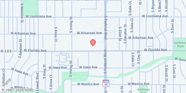 Map showing Praise Center Church at 3105 W Florida Ave, Denver, CO