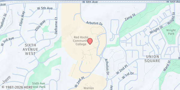 Map showing Red Rocks Community College at 13300 West 6th Avenue, Denver, CO