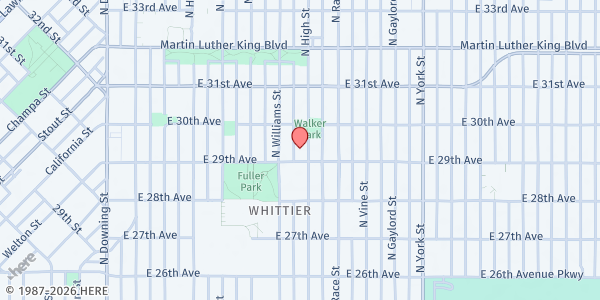 Map showing Red Shield Salvation Army at 2915 North High St, Denver, CO