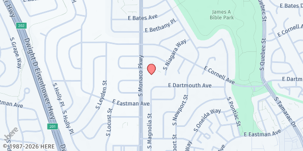 Map showing Risen Christ Catholic Parish at 3060 S. Monaco St. Pkwy., Denver, CO
