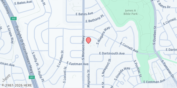 Map showing Risen Christ Catholic Parish at 3060 S Monaco St Pkwy, Denver, CO