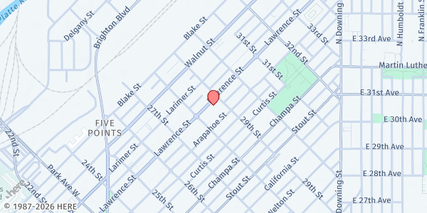 Map showing Sacred Heart House of Denver at 2844 Lawrence St., Denver, CO