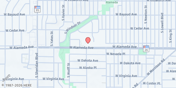 Map showing Salvation Army Denver Citadel Corps at 4505 W Alameda Ave, Denver, CO