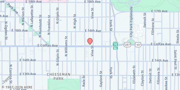 Map showing SAME Café Denver- Pay What You Can at 2023 E Colfax Ave, Denver, CO
