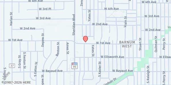 Map showing Southwest Improvement Council at 5045 W 1st Ave, Denver, CO