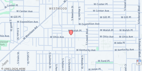 Map showing St Anthony of Padua at 3801 W Ohio Ave, Denver, CO