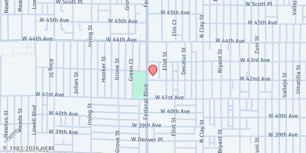 Map showing St. Catherine of Siena Parish Church at 4200 Federal Blvd., Denver, CO