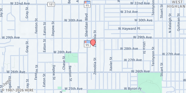 Map showing St. Mary Magdalene Church at 2771 Zenobia St., Denver, CO
