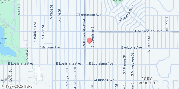 Map showing St. Vincent de Paul Parish Church at 2375 E. Arizona Ave., Denver, CO