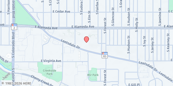 Map showing Staenberg-Loup Jewish Community Center at 350 S. Dahlia St., Denver, CO