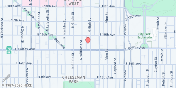 Map showing The Gathering Place- Betsy's Cupboard at 1535 High St., Denver, CO