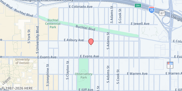 Map showing University Church of Christ at 2000 S. Milwaukee St., Denver, CO