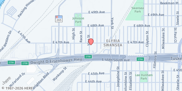 Map showing Valdez-Perry Branch Library at 4690 Vine St, Denver, CO