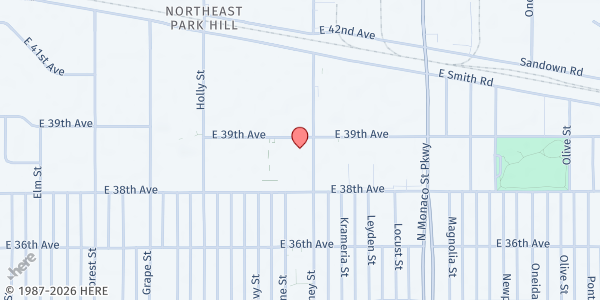 Map showing We Don't Waste - Food Recovery Hub at 6090 E 39th Ave, Denver, CO
