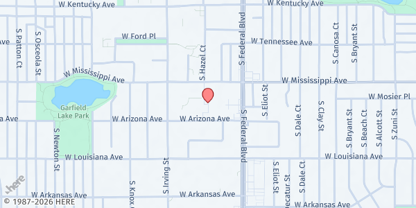 Map showing We Don't Waste- Lalo Delgado Campus Market at 3201 W Arizona Ave, Denver, CO