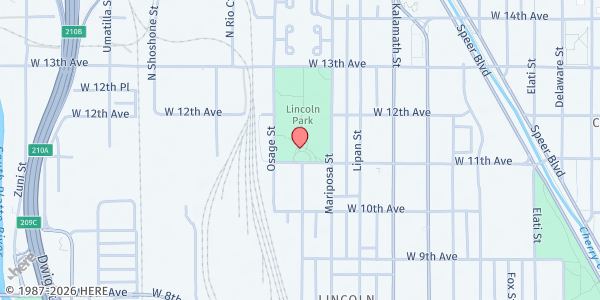 Map showing We Don't Waste - Mobile Food Market - La Alma Recreation Center at 1325 W 11th Ave, Denver, CO